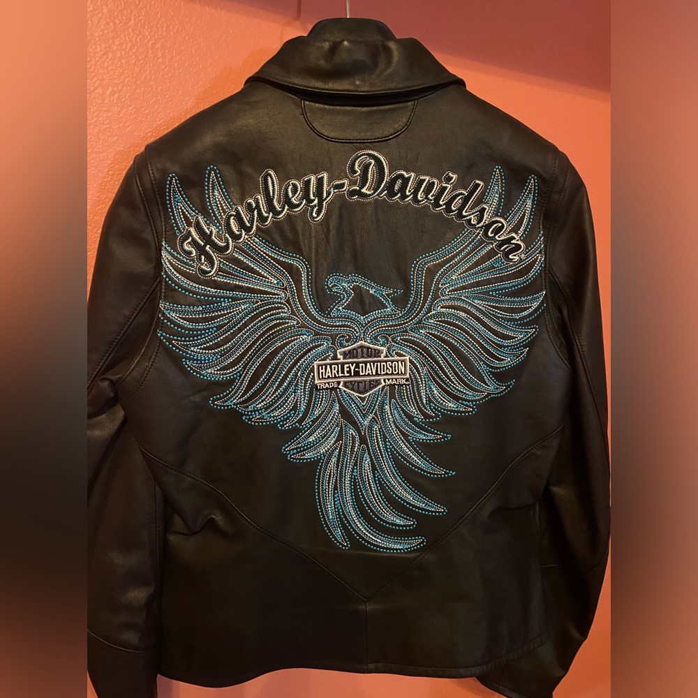 Harley Davidson women’s black leather embroidered riding jacket